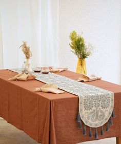 the table is covered with an orange cloth