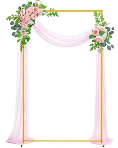 a wedding arch decorated with pink flowers and greenery on the side, isolated against a white background