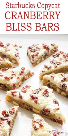 starbuck's copycat cranberry bliss bars with white frosting on top