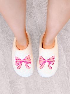 Pink Bow Slippers | Sassy Shortcake | sassyshortcake.com Bow Slippers, Sassy Shortcake, White Slippers, Shoe Gifts, Creamy White, Pink Bow, The Pink, Dress Collection, Homecoming Dresses