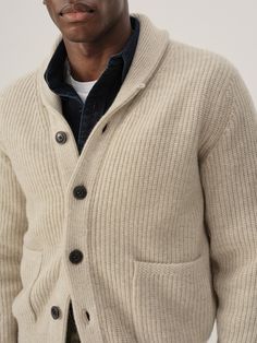 A substantial shawl cardigan in a classic fit, updated with heavyweight 5 gauge ribbed cashmere and horn buttons. | Buck Mason Men's California Cashmere Shawl Cardigan in Light Oat, Size XL Buck Mason, Fall Outerwear, Shawl Collar Sweater, Italian Dress, Denim Short Dresses, Shawl Cardigan, Cashmere Shawl, Ribbed Dresses, Collar Sweater