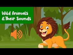 a cartoon lion running through the forest with an animal sound box in front of it