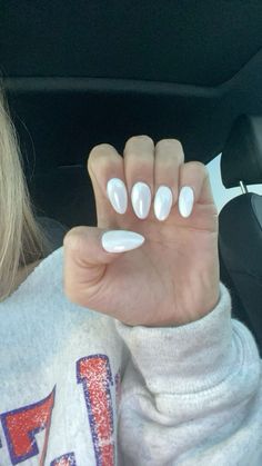 #whitenails #nailinspo #whitnails #almondnails White Acrylics Almond, All White Almond Nails, Emily Paulichi Nails, White Chrome Almond Nails, Almond White Nails, Almond Nails White, White Fall Nails, Milky White Almond Nails, White Nail Inspo