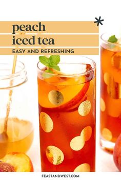 two glasses filled with iced tea next to apples