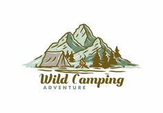 the logo for wild camping adventure with mountains and trees in the background on a white background