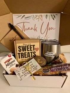 Thank you gift box. Perfect to show someone how much you appreciate them. 12oz tumbler* color will vary kindbar sweet treat box (snacks may vary) Team keychain may be gold or silver  Rock- you rock  Biscotti Pen Mini notebook may be brown or black  coffee  Box dimensions 9x6x4 Box comes assembled and ready to be gifted. Best Employee, Chocolate Rocks, Coffee Box, Pepperidge Farm, Employee Appreciation Gifts, Good Employee, Mini Notebooks, Sweet Cookies, Treat Box