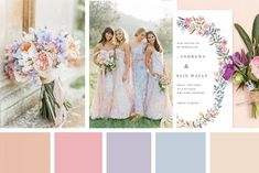 the wedding color palette is pink, blue and green with flowers on it's side