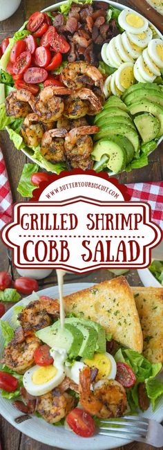 grilled shrimp cobb salad with tomatoes, lettuce and avocado on the side