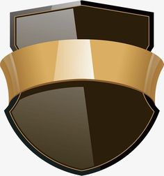 a black and gold shield with a ribbon around it's edge, on a white background