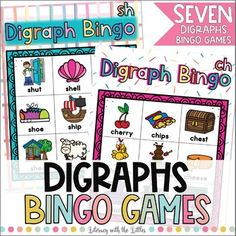 an image of a game for children to play with the words diggraphs, bingo games and