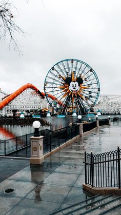 a large ferris wheel sitting next to a park filled with lots of water and amusement rides