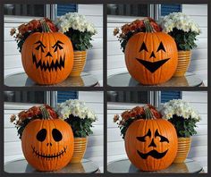 four pictures of pumpkins with faces carved into them