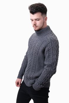 This cable knit sweater is so versatile you can wear it anywhere, with anything. Perfect sweater option for couples. We've added alpaca yarn to maximise softness and durability. Features ribbed turtleneck, hem and cuffs.  - 70% wool, 20% polyacrylic, 10% alpaca - Cable knit - Matching sweater for women SKU CODE:  V-128 Cable Knit Sweater Pattern Free, Cable Knit Sweater Pattern, Crochet Men, Turtle Neck Men, Knitting Patterns Free Sweater, Matching Sweaters, Men's Sweaters, Knit Men, Textured Sweater