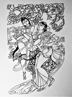 black and white drawing of two women dancing