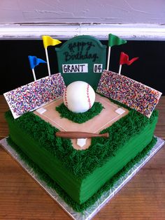 a baseball themed birthday cake with sprinkles and flags on it, including a bat