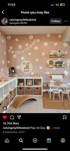 the room is decorated in pink and white with lots of flowers on the wall above it