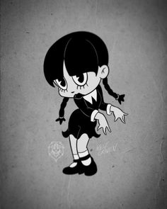 a drawing of a girl with black hair and an evil look, holding her hands out