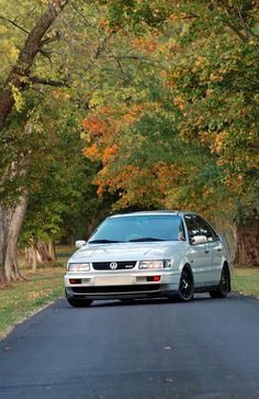 a silver car parked on the side of a road next to trees with leaves all over them