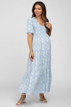 Blue Paisley Print Smocked Tiered Maternity Maxi Dress – PinkBlush Nursing Friendly Maxi Maternity Dress, Flowy Modest Maternity Maxi Dress, Modest Short Sleeve Maternity Dress, Spring Vacation Maternity Dress With Short Sleeves, Summer Maternity Maxi Dress With Short Sleeves, Maternity Maxi Dress With Short Sleeves, Maternity Short Sleeve Maxi Dress For Summer, Short Sleeve Maxi Dress For Maternity, Flowy Short Sleeve Maternity Dress