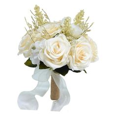 a bridal bouquet with white roses and baby's breath in the center on a white background