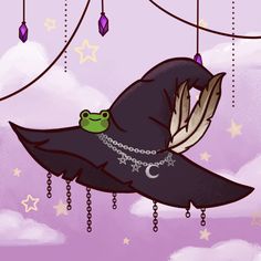 a drawing of a hat with a frog on it and stars hanging from the ceiling