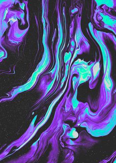 an abstract painting with blue and purple colors on black paper, which looks like liquid paint