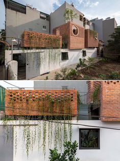 two pictures of brick buildings with plants growing on the side and in between, there is a building made out of bricks