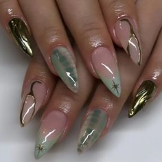 24pcs Baroque Gold False Nails Green Crocodile pattern Fake Nails Tips Women Wearable Detchable Green French, Nagel Tips, Y2k Nails, Fake Nails With Glue, French Nail, Almond Nail, Stick On Nails, Autumn Nails, Manicure Set