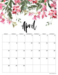 a calendar with pink flowers on it and the word apri written in black ink