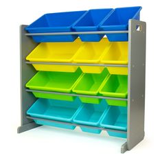 a toy storage unit with bins and dividers on the bottom shelf for children's toys