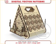 a wooden toy with an image of a house made out of circles and other things