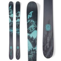 three skis and one snowboard are shown in this image with the same design on it