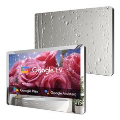 the google tv is next to a red rose in front of water droplets on it