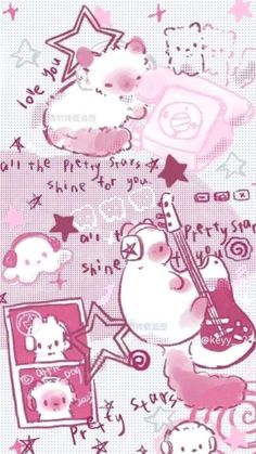 a pink and white wallpaper with cartoon characters on it's side, including an image of a cat playing the guitar