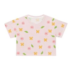 Discover the Fluttery Blooms Crop Tee - DipaliZ Style & Quality! This crop tee is a must-have for anyone looking to add trendy apparel to their wardrobe. Made from 100% silky soft polyester, this lightweight and breathable crop top is perfect for everyday wear. Assembled in the USA with globally sourced parts, this top offers both style and quality. Available in sizes XS to 2XL, you can find the perfect fit for you. Pink Butterfly Sleeve Tops For Summer, Cotton Tops With Floral Print And Butterfly Sleeves, Butterfly Print Short Sleeve Tops For Spring, Pink Butterfly Sleeve Top For Spring, Pink Short Sleeve T-shirt With Butterfly Print, Short Sleeve Tops With Butterfly Print For Spring, Cute Spring Butterfly Print T-shirt, Spring Crew Neck Top With Butterfly Print, Style Pink