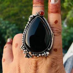 Gothic Onyx Ring With Gemstone, Gothic Onyx Gemstone Ring, Handmade Black Skull Ring As Gift, Handmade Black Skull Ring For Gift, Unique Handmade Black Skull Ring, Handmade Black Skull Ring, Carnelian Ring, Big Rings, Black Onyx Ring