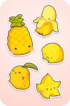 four stickers with different types of fruit on them, one is yellow and the other has