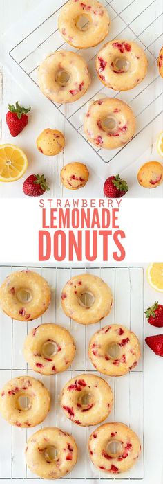 lemonade donuts on a cooling rack with strawberries and lemons