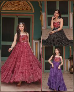 Bandhani print wedding gown for women, faux Georgette gown with kuttchi patch work, designer maxi gown for function,party wear gown for gift GOWN   :- 👇 Color : 1)  Maroon 2) Black 3) Purple   GOWN   :- 👇  Fabrics & Work :- Bandhani Print work with kutchi patchework in Faux Georgette. Size :- L Size ,40 Inch Stitched (User can adjust From 38" to 44" for your body comfort) Sleeves :- Sleeveless Length :- 56 Inch Flair :- 12 Meter  Lining(Inner) :- Cotton (full upto bottom) 👉🏻 Weight :-* 0.800 Long Frocks For Girls, Special Outfits, Bandhani Print, Indian Kurti Designs, Georgette Gown, Navratri Dress, Bandhani Dress, Gown Party Wear, Party Wear Gown