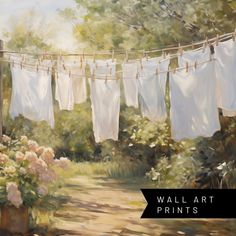 a painting of clothes hanging out to dry on a line with flowers in the foreground