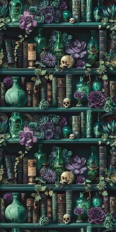 a shelf filled with lots of green and purple vases