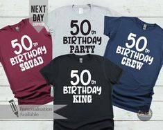 three birthday t - shirts with the number fifty, 50 and 90th birthday printed on them