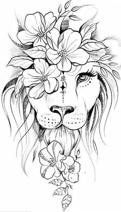 a drawing of a lion with flowers on its head and the face is drawn by hand