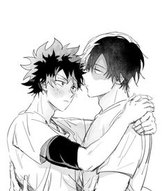 two anime characters hugging each other in black and white