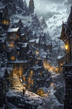 an image of a snowy town with mountains in the background and people walking up stairs