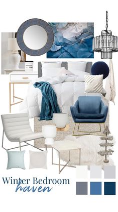 a bedroom with blue and white decor on the walls, bedding and furniture in it