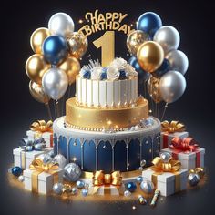 a birthday cake surrounded by presents and balloons with the number one on top in gold