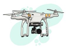 an image of a white and yellow quadcopter flying in the air with its camera attached