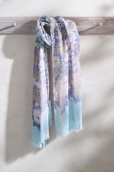 Topped with painterly blooms, this luxurious scarf from Elizabeth Gillett combines delicate fabric with generous size. Each scarf design starts off as an original painting and is then translated into a digital print onto the softest material. Soft spun modal is a cellulose fiber made from processed wood pulp. It is prized for its exceptional drape and breathability. Elizabeth's low-impact digital printing method consumes less water than other printing methods. | Tess Floral Scarf in Mint at Terrain Artistic Floral Print Scarves For Spring, Artistic Floral Print Scarves For Summer, Artistic Floral Print Summer Scarves, Gold Scarf, Cellulose Fiber, Beauty Advent Calendar, Chain Strap Bag, Floral Shoes, Dress Home