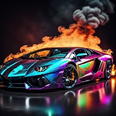 a colorful lamb car with flames in the background